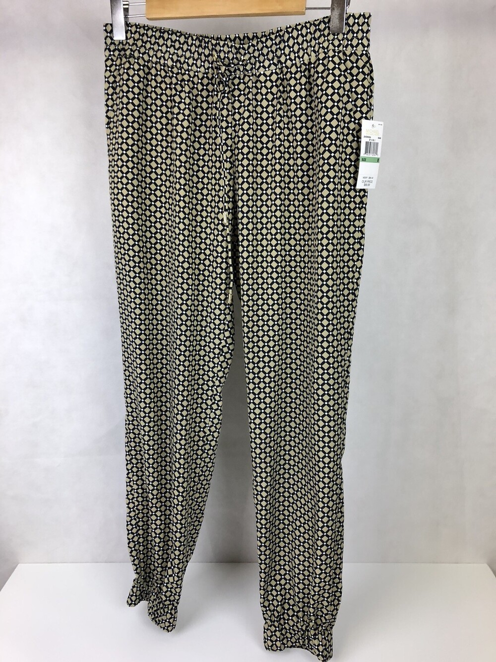 NWT Michael Kors Womens 8 Geometric Print Pull On Ankle Jogger Pants Black Tan
